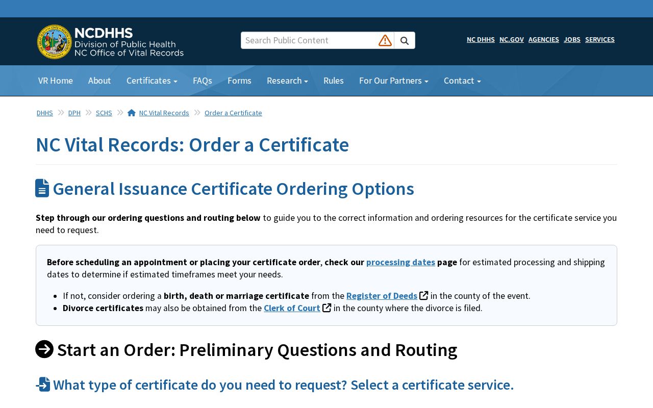 North Carolina vital records order page with certificate choices and request fields