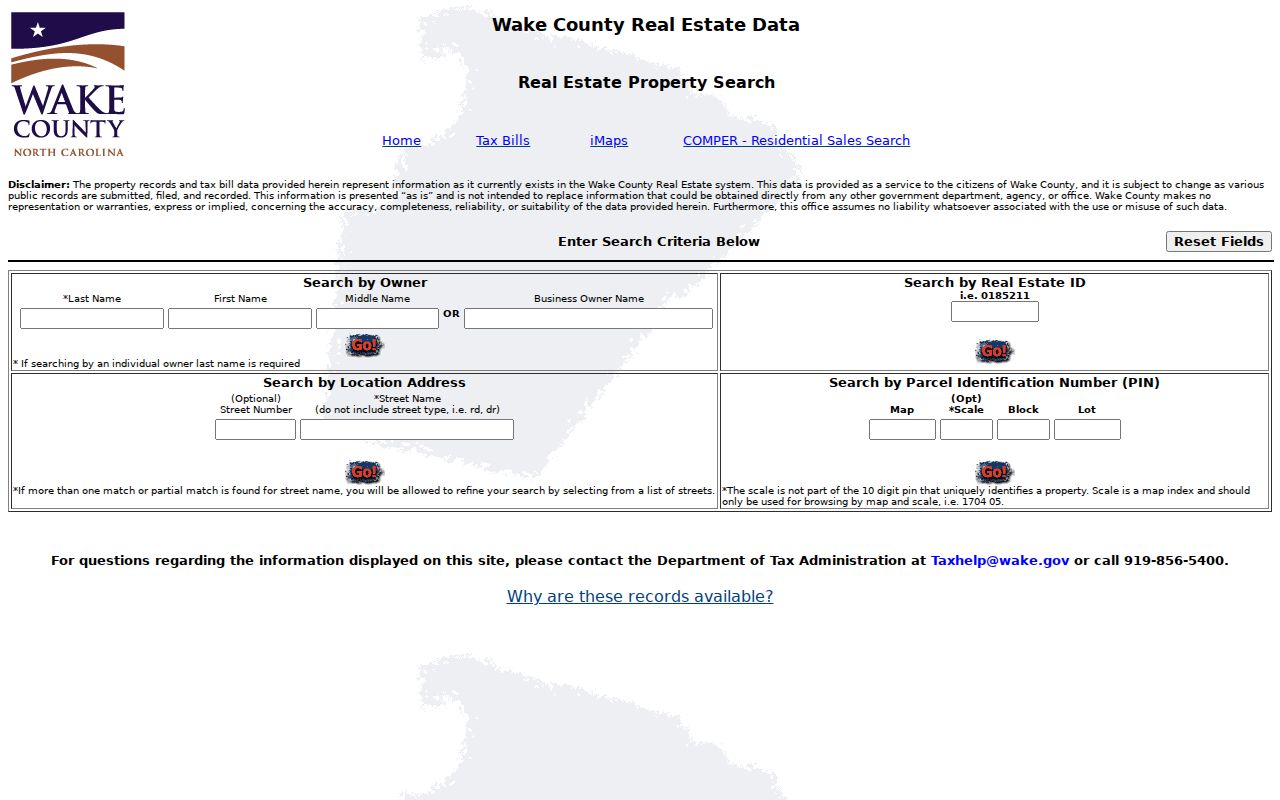 Wake County Real Estate Search fields for owner, address, Real Estate ID, and PIN